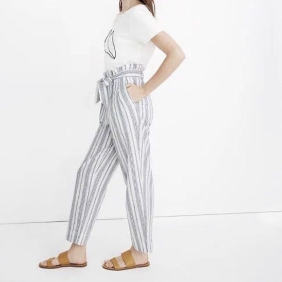 Madewell Women's Linen Cotton Blend Paperbag pants blue white belted size 12 - Picture 3 of 12